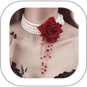 Multilayer Pearl Choker with Black Red Rose Flower Vintage Chunky Pearl Ruby Crystal Tassel Gothic Faux Pearl Statement Jewelry for Women