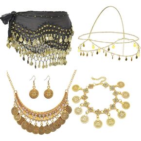 6 Set Belly Dance Accessories Hip Scarf Wrap Belt Bohemian Gold Coin Drop Earrings Headpiece Small Coins Hair Chain Tassel Anklet Bracelet for Women
