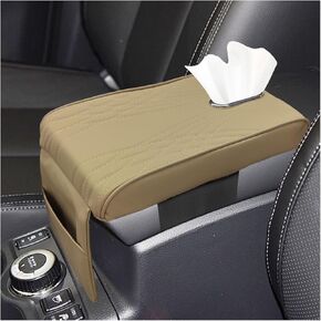 Leather Car Center Console Cover, Memory Cotton Car Armrest Cushion with Tissue Holder and Pocket, Waterproof Elbow Rest Box Cover, Auto Center Console Organizer Protector Accessories (Black)