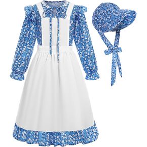 Girls Pioneer Costume Kids Floral Colonial Prairie Dress with Apron and Bonnet