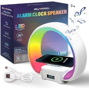 Bell+Howell Digital Alarm Clock for Heavy Sleepers, Bluetooth Speaker with Built in Wireless Charger, Color Changing Night Light Desk Lamp, 4 in 1 Device, Home Decor for Bedroom, Kitchen, Nightstand
