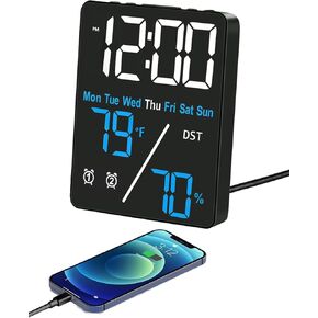 Digital LED Alarm Clock with Thermo-Hygrometer,Dual Alarms,Snooze,Date & Year Display,12/24 Hour Switch,Weekdays,DST,Auto Dimmable with 3 Brightness Levels,USB Output (5V1A) (White+Green Digits)