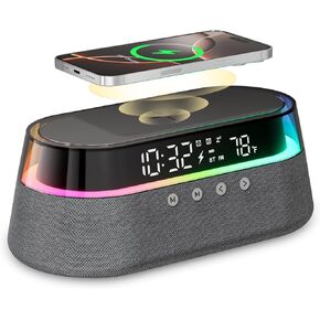 6 in 1 Alarm Clock for Bedroom, Digital Speaker Wireless Charging 15W, FM Radio, LED Night Light, Dual Alarm, Black