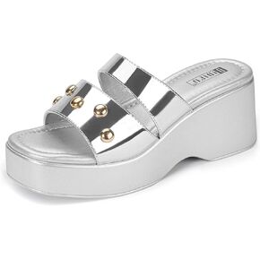IDIFU IN3 Platform Sandals with Rivets Wedge Sandals for Women Comfortable Square Open Toe Slides Slip On Chunky Sandals Dressy Casual Summer Beach Walking Party Fashion Lightweight Wedges Sandals