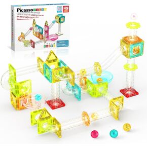 PicassoTiles Marble Run 40 Piece Magnetic Tile Race Track Toy Play Set STEM Building & Learning Early Educational Child Magnet Construction Block Creative Kit Boys & Girls Age 3+ Years Old Toys PTG40
