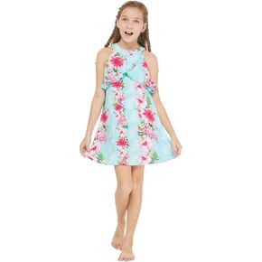 Girl Hawaiian Round Neck with Ruffle Dress in Pink Hibiscus Vine