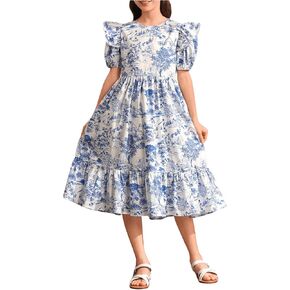 GORGLITTER Girl's Cute Princess Midi Dress Scenery Print Crewneck Puff Sleeve Ruffle Dress
