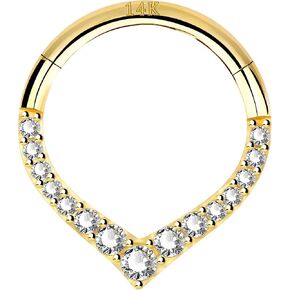 CM Crareesi Mania 14K Solid Yellow Gold Teardrop Septum Jewelry Clear Cubic Zirconia Paved Daith Piercing Jewelry Septum Piercing Jewelry for Women