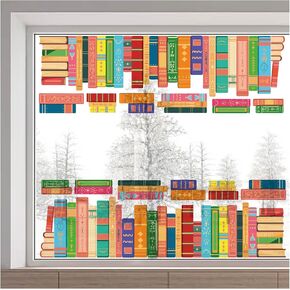 GORGECRAFT 15x46 Inch Boho Book Window Stickers Reusable Large Bohemian Books Glass Decals Anti-Collision Non-Adhesive Static Window Clings for Classroom Library Nursery Decor Stop Birds Strikes