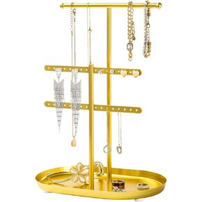 Elegant Jewelry Organizer holder 2-Tier Display Storage Stand for Earrings Necklaces with Ring Tray Spacious and Durable, Easy to Assemble White & Gold