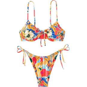Narecte Ladies' Bohemian Style Spaghetti Strap Floral Print Tie Front Underwire Bikini Set