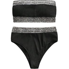 Milumia Women's 2 Piece Bandeau Swimsuit Contrast Mesh Leopard Strapless High Rise Swimwear