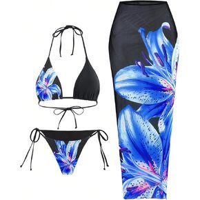 Narecte Womens 3 Piece Bikini Set High Waisted Bikini Top Tie Side Bottom Cover Up Skirt Swimsuit Beachwear