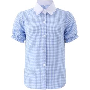 Girls Button Down Shirt Summer Cute Puff Short Sleeve Shirt Blouse Top Doll Collar School Uniform Blouse 4-13Y
