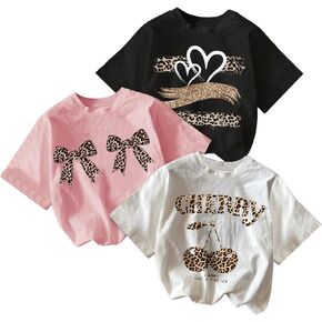 Girl's 3 Pack Graphic Tee Shirt Leopard Short Sleeve Crew Neck Summer Casual Tee Shirt