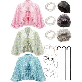 15 Pcs Halloween Old Lady Costume Set Granny Outfit Accessories Include Granny Shawl Cane Grandma Wig Glasses with Chain Artificial Pearl Necklace for Women Halloween School Cosplay Party