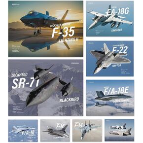 Wallbuddy Military Jets Plane Wall Art Set of 9 Posters | Unframed Airplane Decorations for Boys Room | Military Aircraft Wall Decor Patriotic | Aviation Art Fighter Jets (12X16 inches)