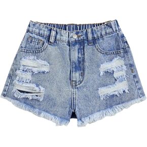 Floerns Girl's Ripped Raw Hem Elastic Waist Straight Leg Denim Shorts with Pockets
