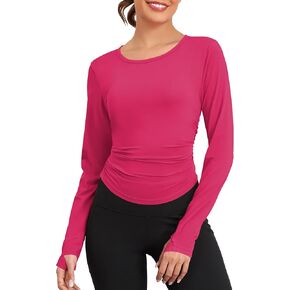 TAIPOVE Pima Cotton Long Sleeve Workout Tops for Women High Crew Neck Athletic Shirts Side Ruched Basic Layer w/Thumbholes