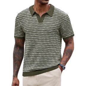 MEN V NECK POLO متماسكة مخطط للوزن الثقيل قميص الأكمام القصيرة الصيفية (S-XXL)