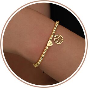 Volleyball Stuff, Volleyball Gifts Initial Bracelet Adjustable Letter A-Z Gold Beaded Bracelets for Women Heart Link Stocking Stuffers Mothers Day Gift Basket Christmas Graduation Jewelry