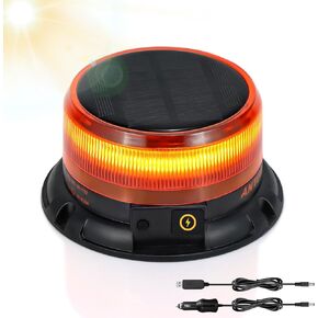 AnTom Solar LED Amber Strobe Light, Rechargeable 360° Flashing Warning Beacon Light with 9 Modes, Magnetic Base & IP68 Waterproof for Vehicles, Trucks, and Outdoor Emergencies