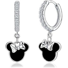 Sterling Silver Black Mouse Earrings For Women Black Drip Glue Mouse Dangle Hoop Earrings Sparkling Mini Cute Mouse Bow Animal Princess Huggie Jewelry Gifts for Daughter Birthday