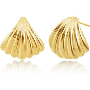 Free bird 14K Gold Plated Chunky Earrings for Women Trendy Gold Shell Earrings Textured Minimalist 925 Sterling Silver Post Chunky Gold Earrings