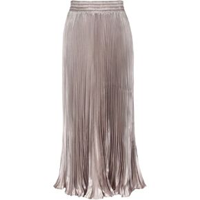 ebossy Women's Boho Satin Metallic Pleated Accordion Skirts Elastic High Waist Flowy A Line Shirring Maxi Long Skirt (One Size, Nude)
