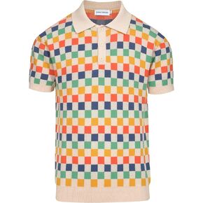 OXKNIT Mens Knitted Retro Polo Shirts Color Plaid Casual Short Sleeve Summer Shirt
