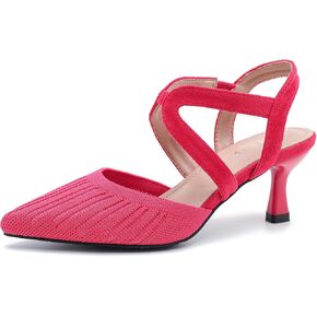 Women's Closed Toe Low Kitten Heel Knit Pumps Elastic Ankle Strap Pointed Toe Slingback Comfortable Dress Wedding Party Shoes