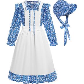 Cuteshower Girls Pioneer Dress Colonial Dress Girls Prairie Costume Blue for Pioneer Party Halloween