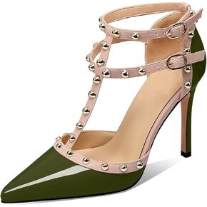 XINIUNIU Stiletto High Heels for Women Studded Heels with Studs Pumps 4 Inch Heeled Sandals Sexy Pointed Toe Ankle-strap Patent Leather Dress Wedding Shoes