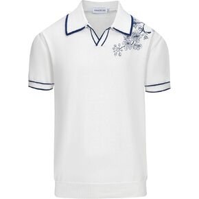 OXKNIT Men's Knitted Vintage Polo Shirts Short-Sleeve Casual V Neck White Shirt with Embroidered Flower