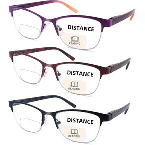 3 Pack Bifocal Reading Glasses for Women Men Bi-Focal Readers Metal Half Frame Spring Hinge Dual Focal Eyewear (Multicolor, +2.50)