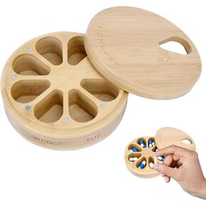 Wood Pill Organizer, Wood Medicine Organizer, Travel Pill Organizers, Bamboo Pill Organizer Used to Store Pills, Pill Box Day Improved Design with Days of The Week