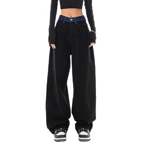 EMMIOL Women's Baggy Jeans - Patchwork Wide Leg Mid Rise Y2K Cargo Pants, 90s Vintage Loose Boyfriend Oversized Jeans