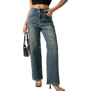 Women's Rhinestone Striped Jeans Wide Straight Leg Pants High Waist Stretch Denim Trouser 2025 Jeans
