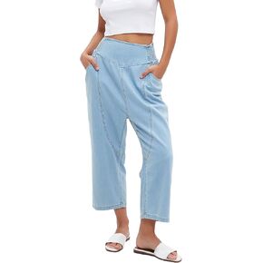 Women's Baggy Cropped Harem Jeans Loose Fit Wide Leg Barrel Pants Summer Casual Boyfriend Denim Pants