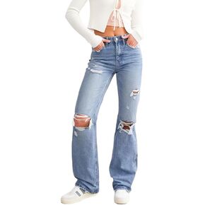 Womens Loose Jeans Wide Leg High Waist Ripped Destructed Jeans Boyfriend Baggy Bootcut Denim Pants Y2k