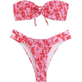 GORGLITTER Women's Strapless Bikini Set Floral Bow Bandeau Swimsuit String High Waisted Smocked Bathing Suit