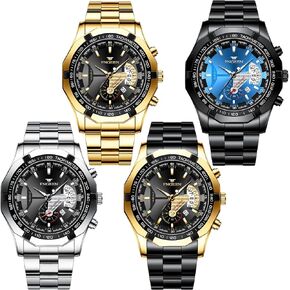 4 Pack Men's Stainless Steel Watches Waterproof Date Luminous Big Face Gold Silver Black Blue Business Dress Sports Luxury Casual Analog Quartz Wrist Watches Set Assorts Wholesales