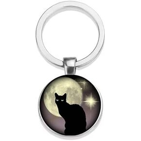 Black Cat and Moon Pendant Keychain, Silver Tone