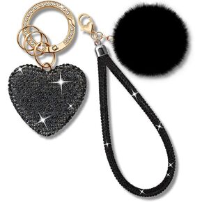 Cute Heart Keychains for Women & Girls, Bling Bag Charms with Wristlet Keys, Purse Charms for Handbags, Pompom Key Chain