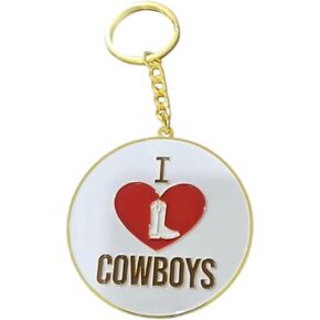 Keeks & Co - I Love Cowboys Decorative Metal Keychain, Round Gold Design, Western Boot Heart