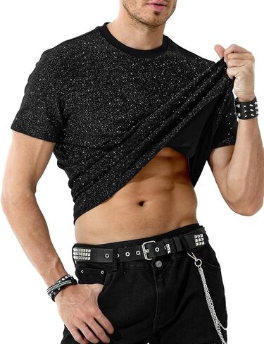 Arjen Kroos Men's Sequin Disco Shirts Short Sleeve Sparkly Rave Hot Tops in Saudi Arabia
