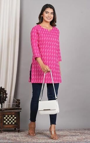 Traditional Cotton Print Kurta Office Short Kurti Tops Tunics for Women in Saudi Arabia