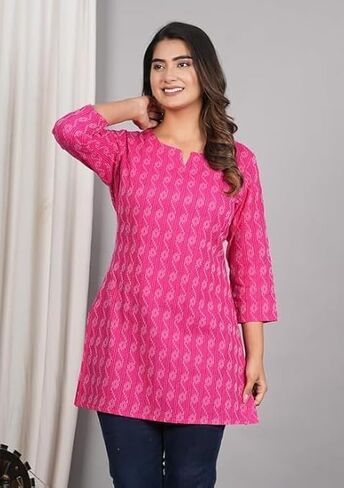 Traditional Cotton Print Kurta Office Short Kurti Tops Tunics for Women in Saudi Arabia