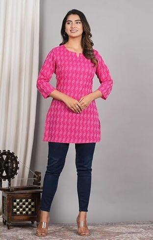 Traditional Cotton Print Kurta Office Short Kurti Tops Tunics for Women in Saudi Arabia