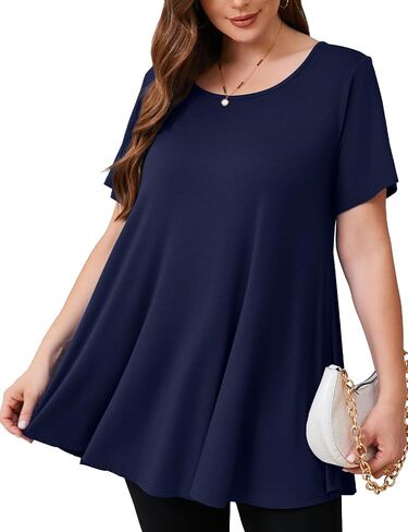 JollieLovin Women Plus Size Short Sleeve Summer Long Tunic Tops Loose Fit T-Shirt to Wear with Leggings(L-5X) in Kuwait